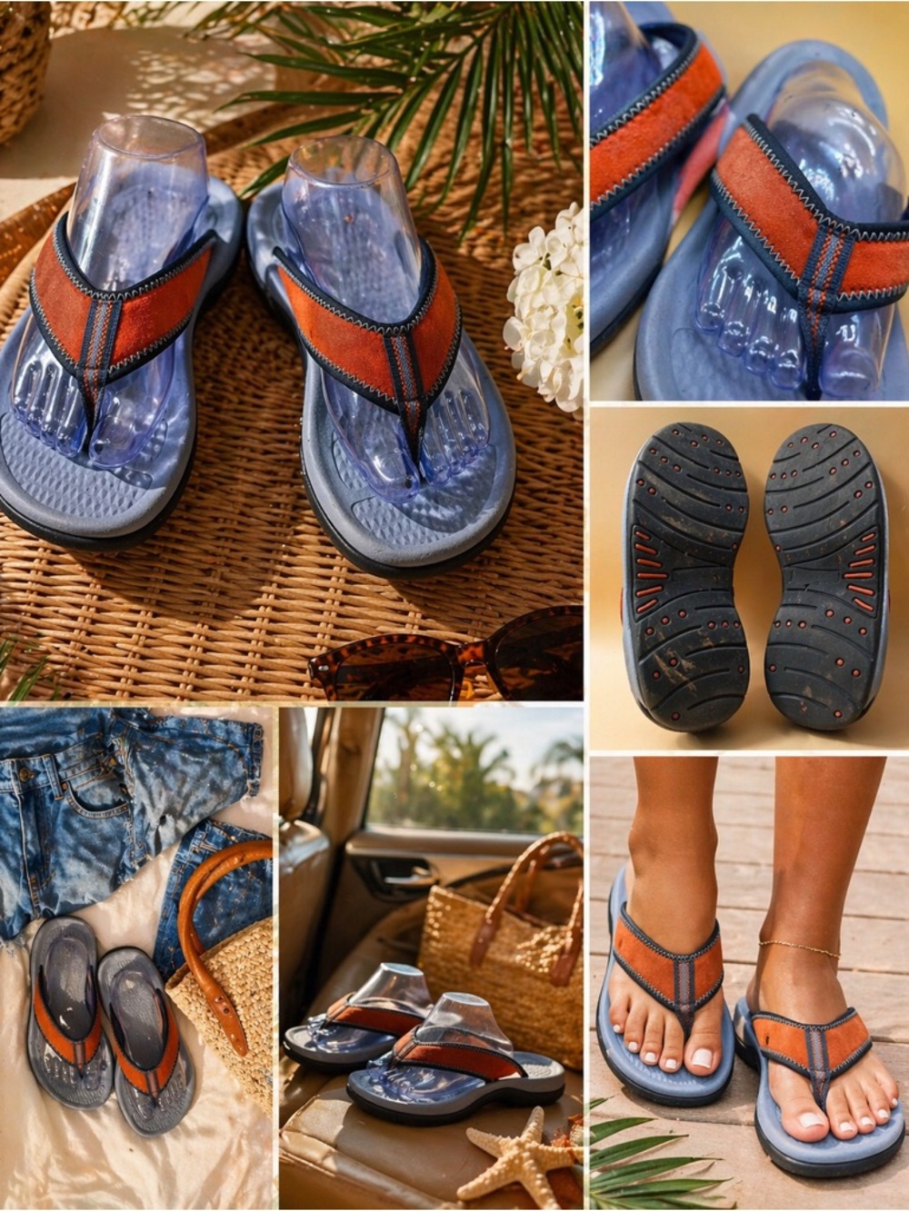 Lands End Flip Flop Sandals Size 8 Blue Orange Comfort Beach Casual Comfort Walk